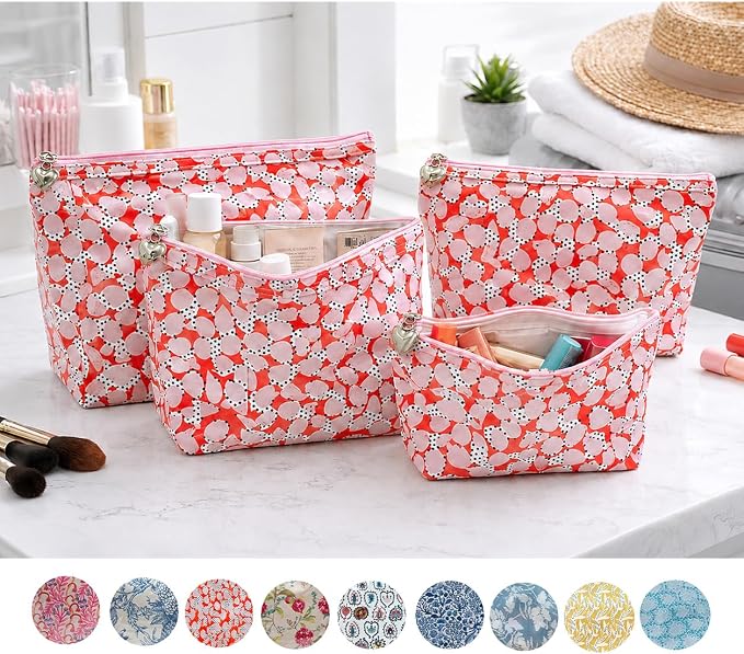 Jacaranda Living Vanity Cosmetic Bag – Structured Makeup Case with Handle, Water-Resistant PVC Lined Cotton, Travel Toiletry Organizer – Pebble Polka Dot