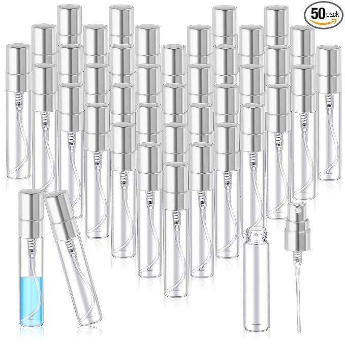 Zhehao 50 Pcs Mini Spray Bottles 5 ml Clear Glass Perfume Bottles Refillable Fine Mist Perfume Atomizer Portable Empty Sample Containers for Cleaning, Essential Oils, Travel (Silver Cap)