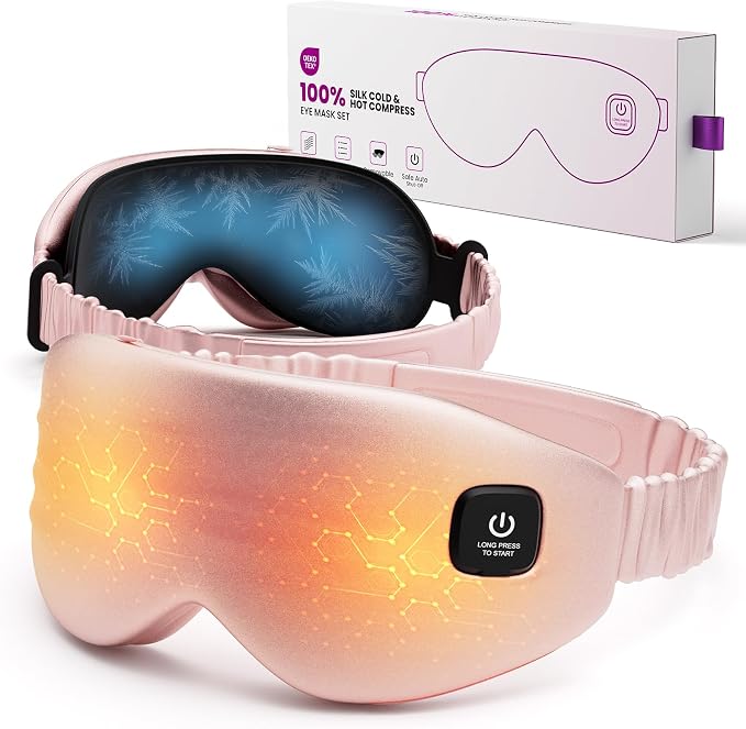100% Silk Wireless Heated Eye Mask with Cooling, Relieves Dry Eye Syndrome and Puffy, Reduces Dark Circles, Adjustable Velcro Design and Washable Cover, Suitable for Travel & Gifts-Pink.