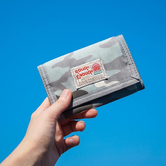 Rough Enough Kids Wallet for Boys Teen, Light Blue Camo Canvas | RFID Blocking, Lanyard, Keychain, 5 Card Slots, 3 Zippered Pockets, Suitable for Travel, Camping, Outdoor Sports