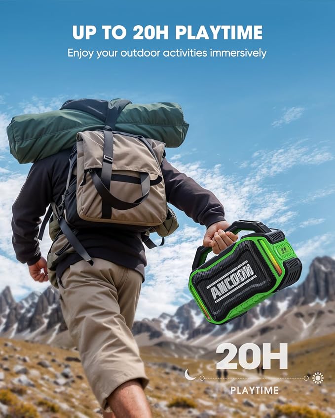 ANCOON Speakers Bluetooth Wireless: 80W(Peak) Loud Speaker with Bass, 20H Playtime, IPX6 Waterproof, Large Jobsite Speakers for Work, Outdoor, Workshop, Garage, Portable Speaker with TWS (Green)
