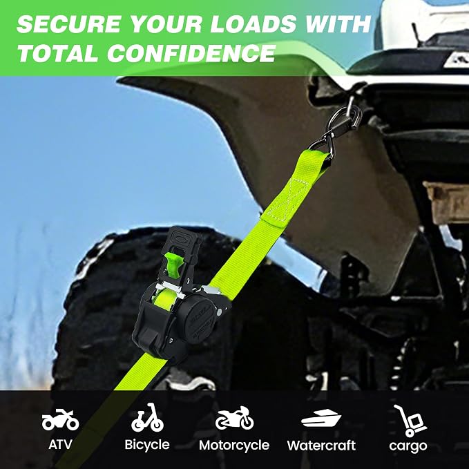 Retractable Ratchet Straps 1" x 13Ft, Heavy Duty Self Retracting Tie Down Straps, 1800lb Break Strength Auto Retract Cargo Straps for Truck, Trailer, Motorcycle, ATV, UTV, (Fluorescent Green, 4 Pack)