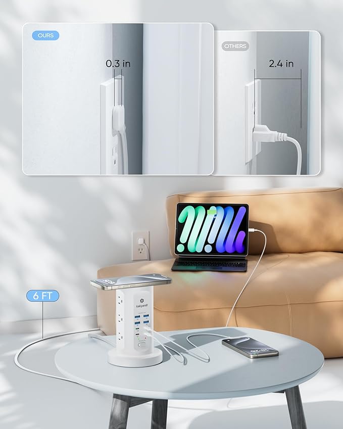 Kakyanill 115W USB Charging Station, Power Strip Tower, 9 AC Outlets with 8 USB Ports(4 USB-C), 6Ft Flat Plug Retractable Extension Cord, for Home Office Dorm, White