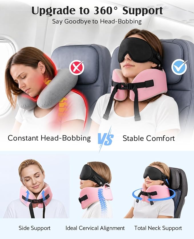 YFONG Travel Pillow for Long Flights, Patented 360° Ergonomic Sleeper Hold Head Support System with Memory Foam Neck Pillow & 3D Sleep Mask, Prevent Head Bobbing for Airplane & Road Trip, Pink