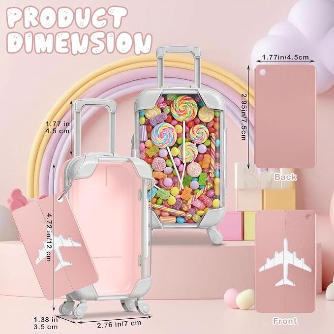Teecyhooo 20 Pcs Mini Suitcase Party Favor Boxes and 20 Pcs Metal Luggage Tags with Card, Clear Mini Luggage Gift Boxes for Girls Wedding Travel Birthdays Bachelorette (6.5 x 2.8 x 1.4 Inch,Pink)