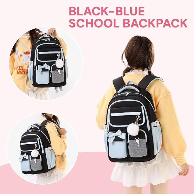 Girls Backpack School Bags Kids Elementary School Backpack for Girls Teens Cute Childrens Bookbags Casual Back Packs, Black Blue