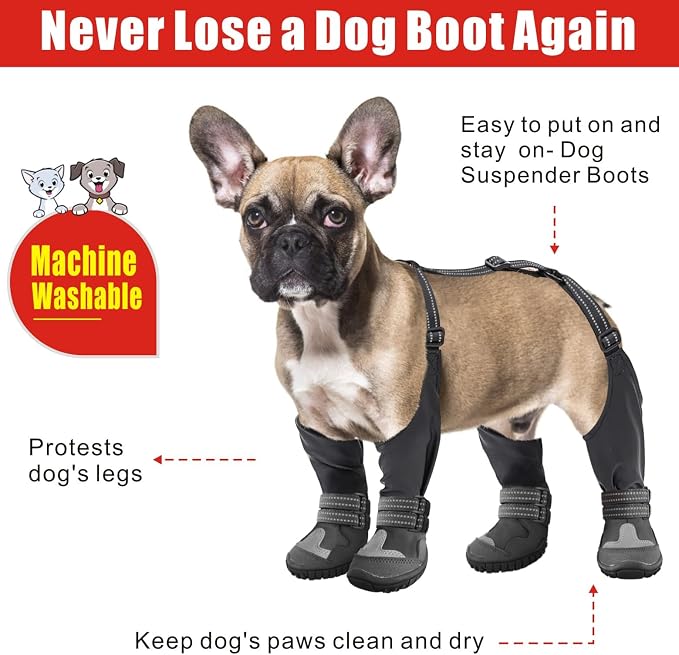 Idepet Dog Suspender Boots, Tall Dog Boots Anti-Slip & Fall Waterproof Shoes Leggings, Adjustable Suspender Boots for Winter Snow Rain Hiking Paws Protector(Black, 8)
