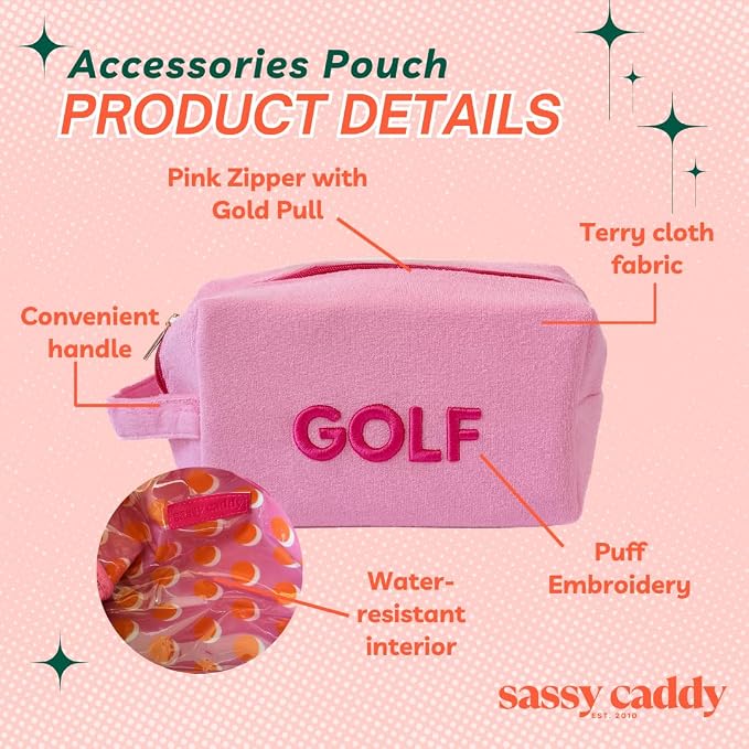 Sassy Caddy Pink Terry Cloth “GOLF” Pouch – Soft Terry Accessory Bag for Women Golfers | Water-Resistant Interior for Sunscreen & Makeup | Stylish Golf Gift for Ladies