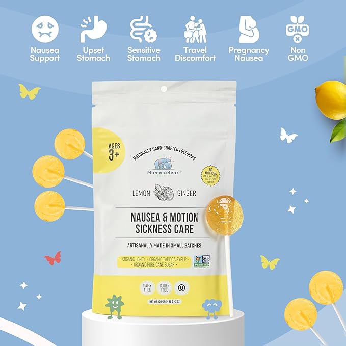 MommaBear Nausea & Motion Sickness Lollipops – Non-GMO Lemon & Ginger Candy for Nausea – Organic Lollipops for Kids 3+ & Pregnancy Must Haves to Ease Queasiness – Freshness, Sealed in (10 Pack)