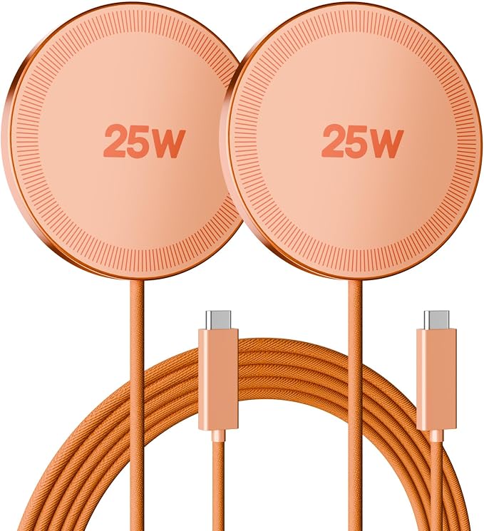 25W Magnetic Wireless Charger: Fast Charging Pad for iPhone 17 16 15 14 13 12 Pro Max, Samsung Galaxy S26 S25, Google Pixel 10, AirPods-Slim Portable for Travel Bedside Office-Orange 2 Pack