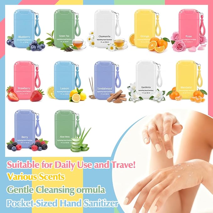 24 Pack Cute Mist Hand Sanitizer Spray Keychain Mini Hand Sanitizer Bulk Travel Size 1oz Wedding Favor Scented Moisturizing Variety Pack Back to School Teacher Gift Positive Employee Team Gift
