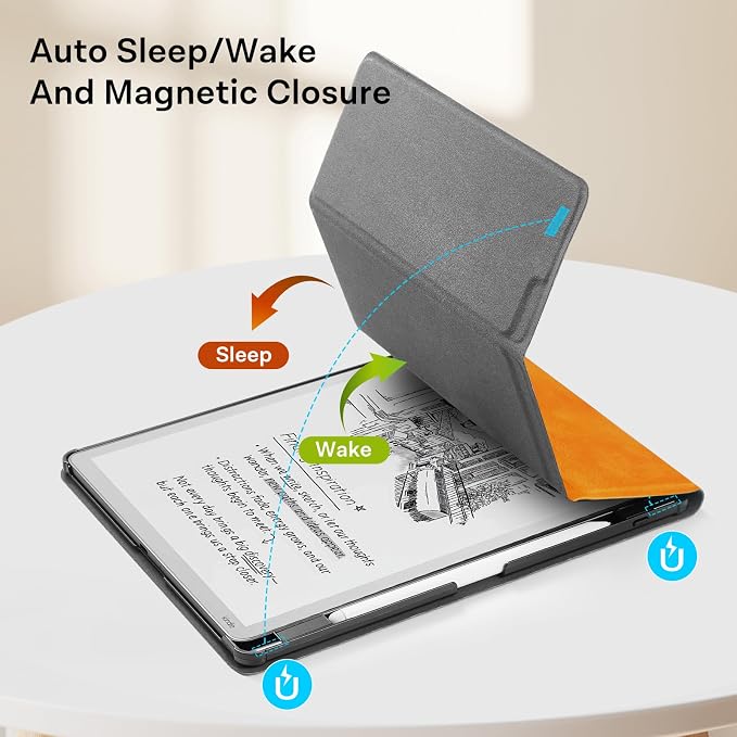 CoBak Case for 11" Kindle Scribe 3rd Generation 2025, Kindle Scribe Colorsoft with Two Viewing Angles - All New PU Leather Cover with Auto Sleep Wake, Pen Holder. Orange Crossgrain