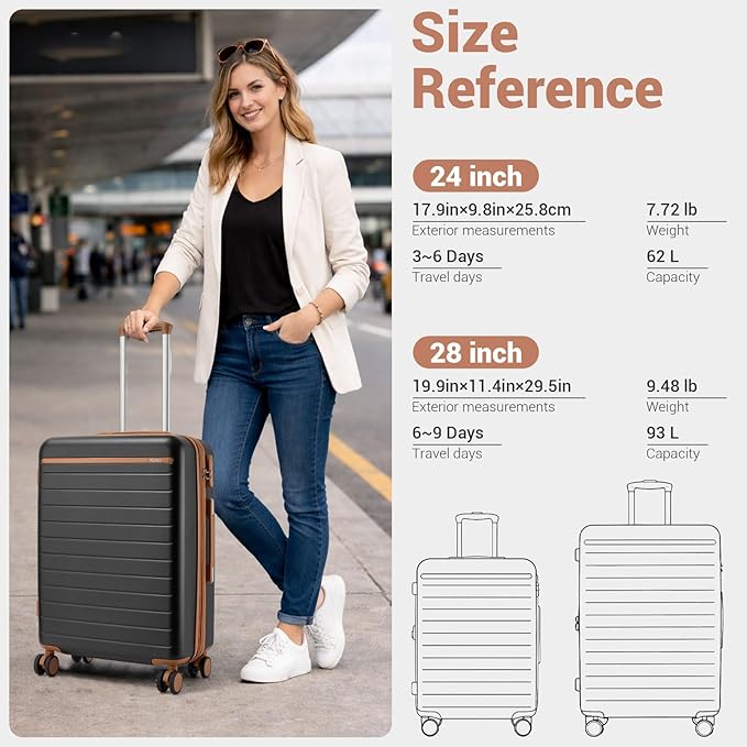 Kono 28 Inch Large Suitcase, Expandable for Long Trips, Impact-Resistant ABS+PC & Silent Wheels, Black