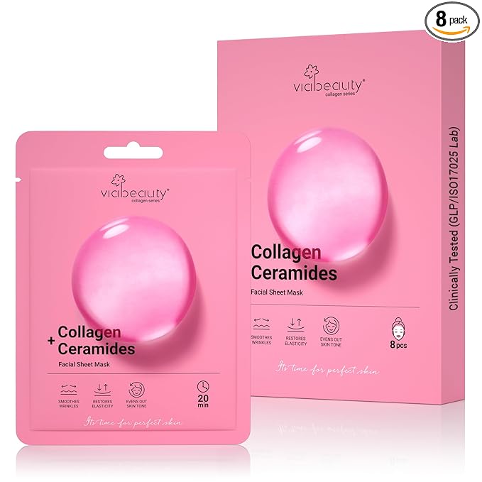 VIABEAUTY 8 Pack of Collagen Face Mask with Ceramides - Rejuvenating Facial Sheet Mask, Reduce Wrinkles & Fine Lines - Face Masks Skincare Moisturizing Collagen Mask for All Skin Types