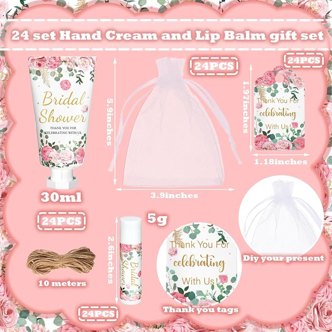 24 Sets Floral Bridal Shower Hand Cream and Lip Balm Gifts Bridal Shower Party Favors Thank You Gifts for Guests Travel Size Hand Lotion and Lip Balm Bulk with Organza Bags and Tags Wedding Supplies
