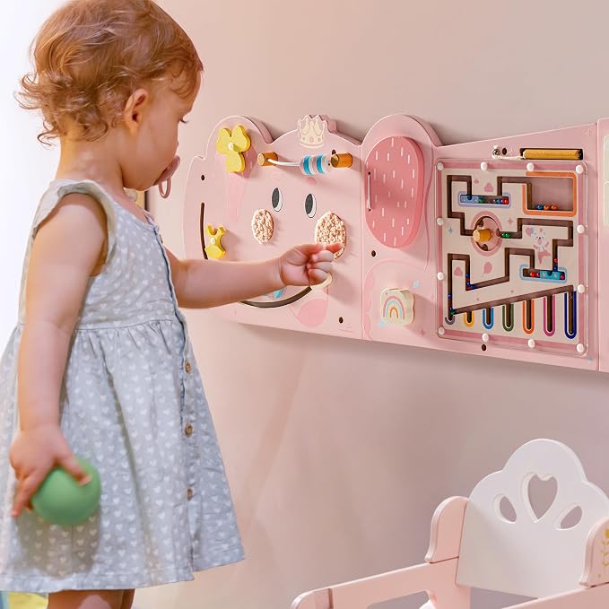 ROBUD Elephant Montessori Busy Board, 12-in-1 Activity Wall Busy Board, Montessori Sensory Wall Panel for Boys & Girls, Toddler Learning Activity Center for Playroom, Nursery, Pink