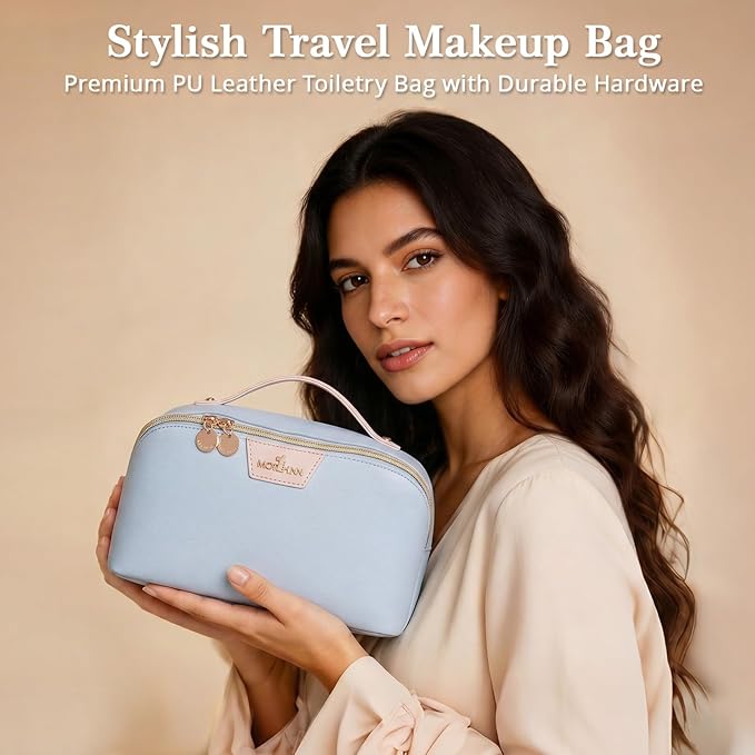 Travel Makeup Bag for Women: 3-in-1 Large Capacity Cosmetics Organizer with 2 Detachable Pouch - Vegan Leather Flat Open Toiletry Bag - Travel Essentials for Full-Sized Bottles(Light Blue)