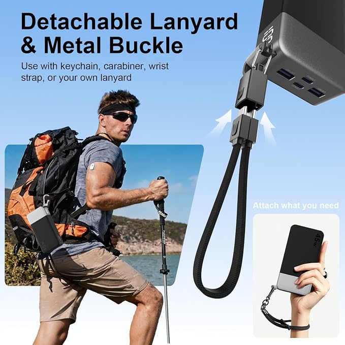 NOBIS Portable Charger 20000mAh, 45W Power Bank Fast Charging, 4-Output Battery Pack w/Detachable Dual Type-C Lanyard Cable & Hook, Battery Bank w/Digital Display for Phone, Laptop, Steam Deck