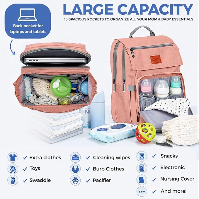PILLANI Baby Diaper Bag Backpack - Diaper Bags for Baby Girl - Baby Shower Gifts for Girls - Large Waterproof Diaper Backpack - Pink Diaper Bag & Cute Baby Bags for Girls w/Portable Changing Pad, Pink