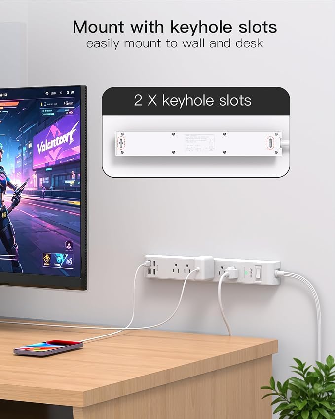 2 Pack Long Extension Cord, 12FT Power Strip Surge Protector with 6 Outlets and 4 USB Ports (2 USB C), Extension Cord with Multiple Outlets, Flat Plug Overload Protection, Wall Mount for Dorm College