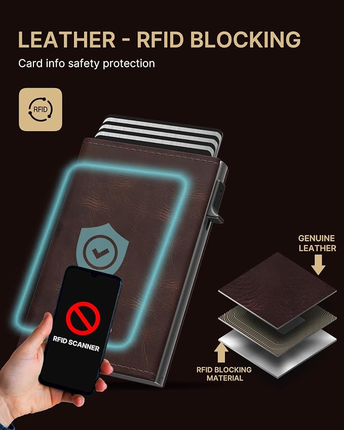 typecase Mens Wallet Card Holder: Pop Up Aluminum Case, Genuine Leather, Smart, RFID Blocking, Slim, Minimalist, Front Pocket - 9-14 Card Capacity | ID Window | Cash Slot (Oil Wax Brown)