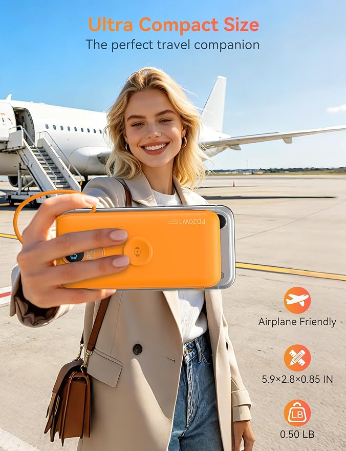 Portable Charger, 10000mAh 20W Fast Charging Power Bank with Built in Cables & AC Wall Plug & LED Display, Travel Essentials Battery Pack Powerbank for iPhone, iPad, iWatch, Samsung, Orange