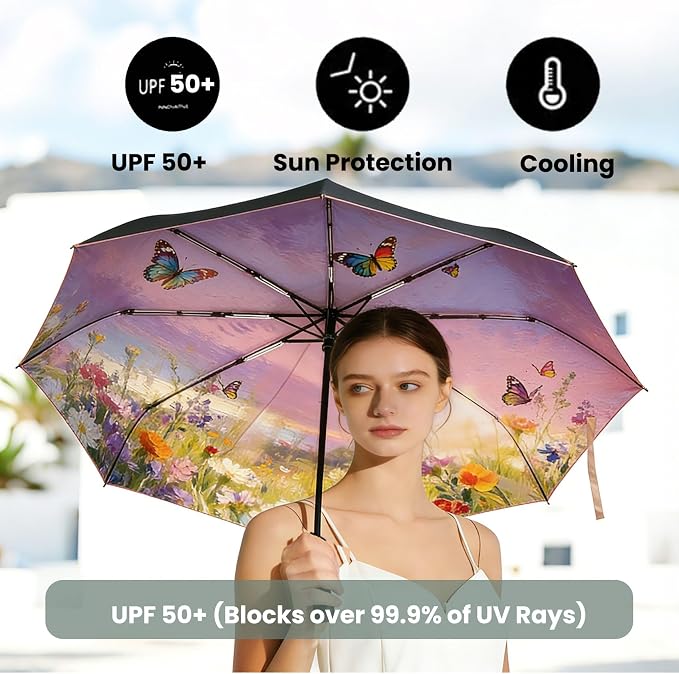 SIEPASA Compact Travel Umbrella - Windproof Auto Open/Close, Small Folding Umbrella for Rain & Sun with UPF50+ - Lightweight Frame, Waterproof - Fits Backpack, Purse, Suitcase.(Garden Butterfly)