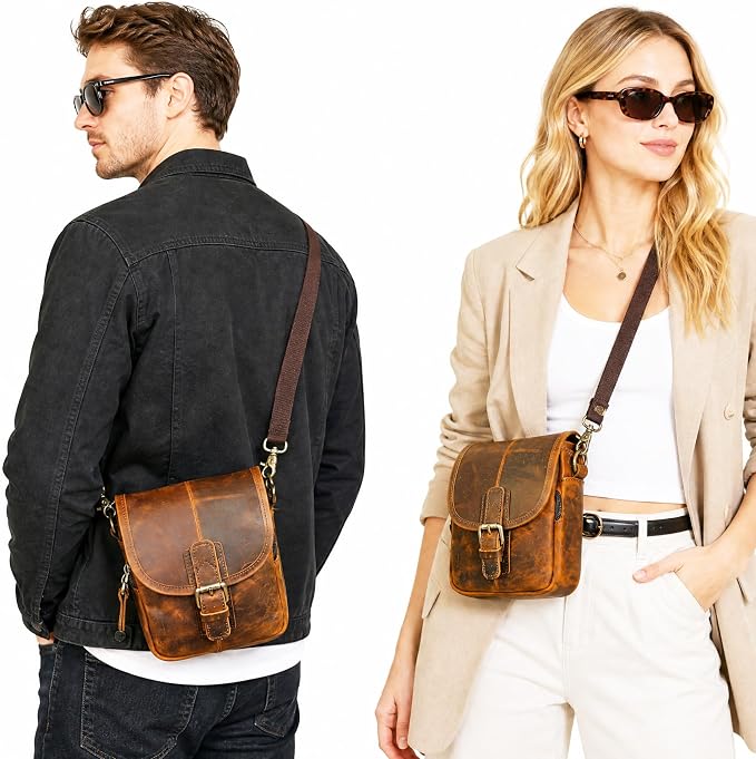 Water Resistant Canvas + Leather Hiking Riding Travel Fanny Waist Pack Small Phone Pouch For Men Women FB811-29 (100% Leather- Coffee)