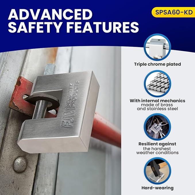 FJM Security Products SPSA60-KD Triple Chrome Plated D-Shaped Security Padlock, Keyed Different, 2-⅜ Inch