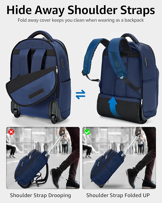 Ponhog Rolling Backpack, 30L Travel Laptop Backpack with Wheels, 15.6 Inch Personal Item Roller Luggage with USB Charging Port Flight Approved for Men Women Adults, Blue