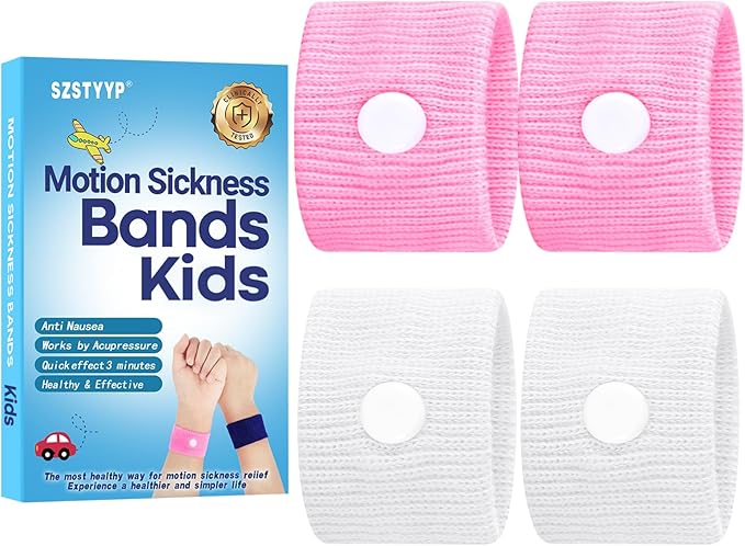 Motion Sickness Bands for Kids Cruise Travel Essentials Anti-Nausea Acupressure Wristband for Morning Car Sea Sickness Wristbands for Kids-2 Pairs White/Pink