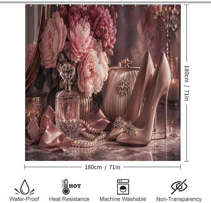 Pink Floral Heels and Accessories Bathroom Rug Set 4 Piece with Shower Curtain Non Slip Bath Mat Set Microfiber Bathroom Decor Toilet Lid Cover U Shape Rug Waterproof Bathroom Accessories