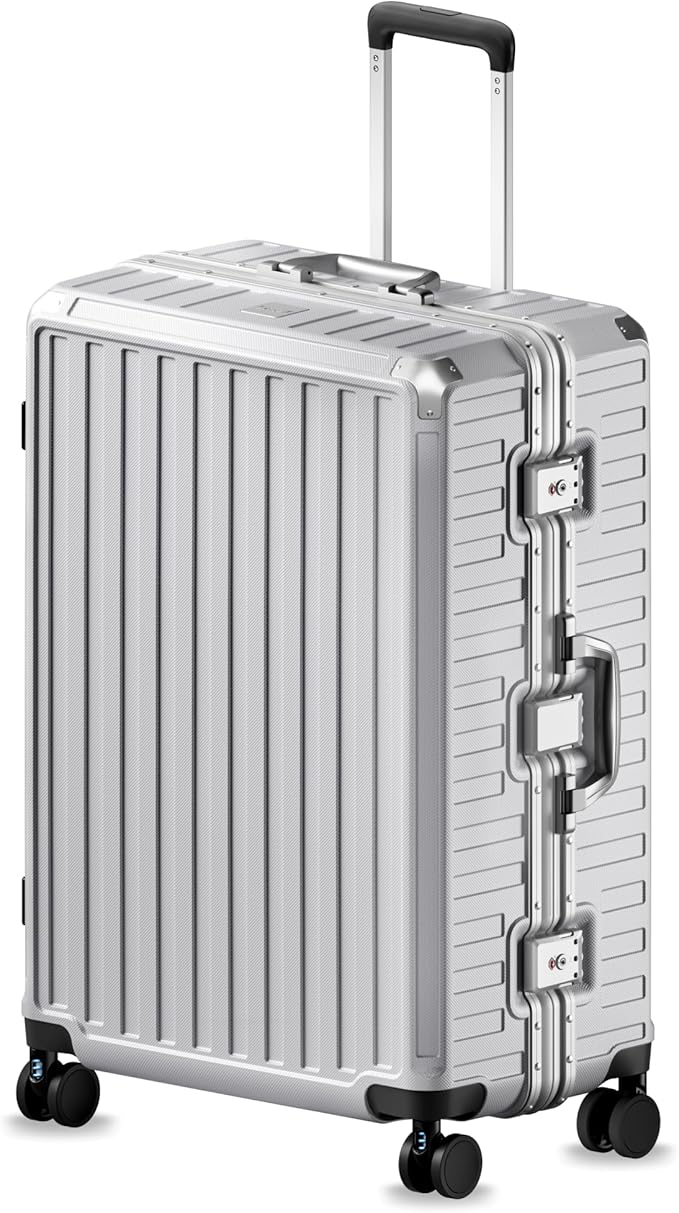 LUGGEX Checked Suitcase with Spinner Wheels, 8010S Aluminum Frame Zipperless Polycarbonate Hard Shell Suitcase (ZX-Core, Silver Grey, 28 Inch)