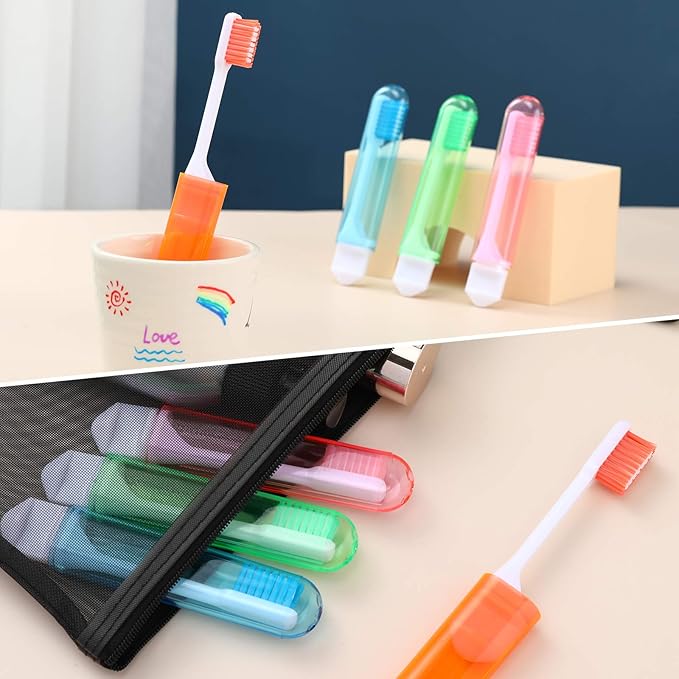 Patelai 4 Pieces Travel Toothbrush Set, Travel Size Toiletries, Soft Bristle Mini Foldable Tooth Brush with Case, Individually Wrapped Small Portable Toothbrush for Camping Home (Bright Color)