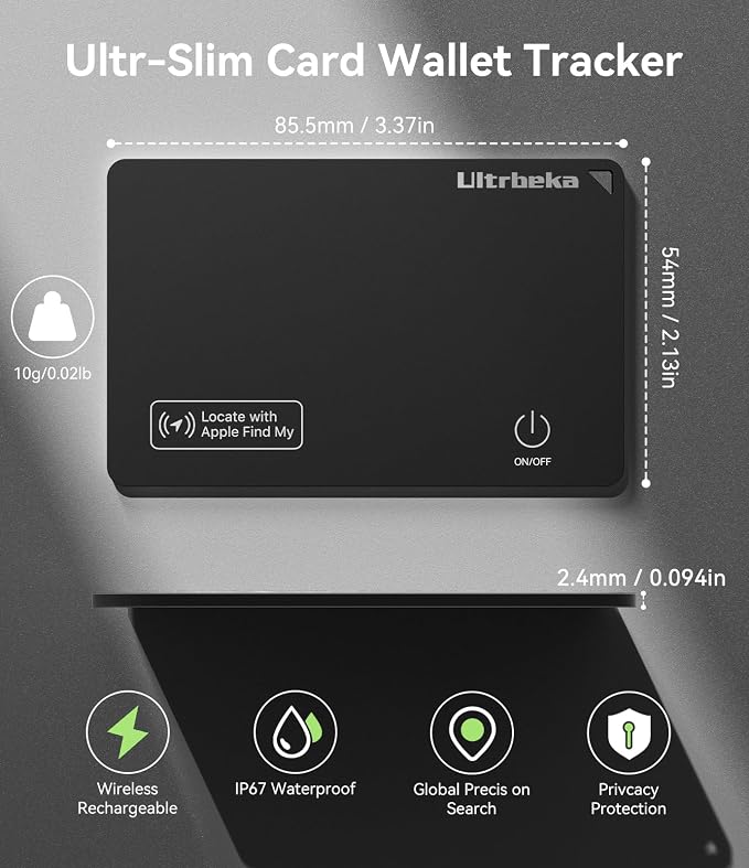 Ultrbeka Wallet Tracker Card IP68 Waterproof Bluetooth Tracker for Wallets, Passport, Work with Apple Find My, Wireless Charging, iOS Only [Apple MFi Certified]- 4pcs / 1* Wireless Charger