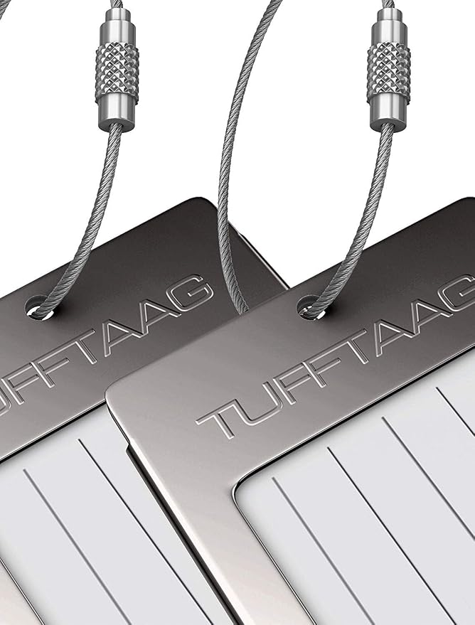 Luggage Tags Business Card Holder by TUFFTAAG - Durable Travel ID Bag Tag, Gunmetal Steel, 2 Tags