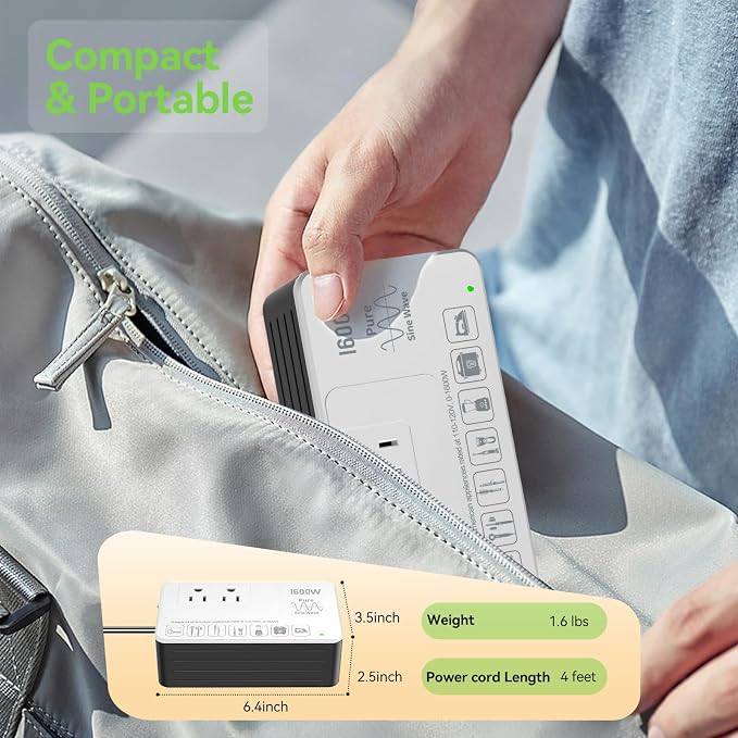 1600W Voltage Converter 220V to 110V, Pure Sine Wave - Power Any American Appliance Overseas, No Limitations, Surge Protection, Plug Adapters C, G, I, E/F for US to Europe, Asia Over 168 Countries