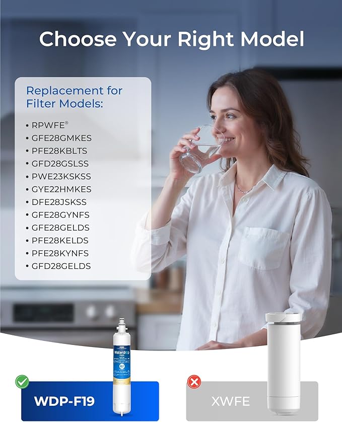 Waterdrop Plus WDP-F19C Replacement for GE® RPWFE®, RPWF (with CHIP) NSF 401 Refrigerator Water Filter, Compatible with WSG-4, GFE28GBLTS, GFE28GSKSS, PFE28KMKES, 3 Pack (Packaging May Vary)