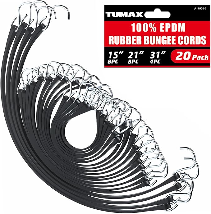 20PCS Rubber Tarp Straps Assorted Sizes with 150% Max Stretch, 100% EPDM Bungee Cords with Hooks, Ideal for Securing Tarps, Cargo, Canvases, 15", 21", 31"
