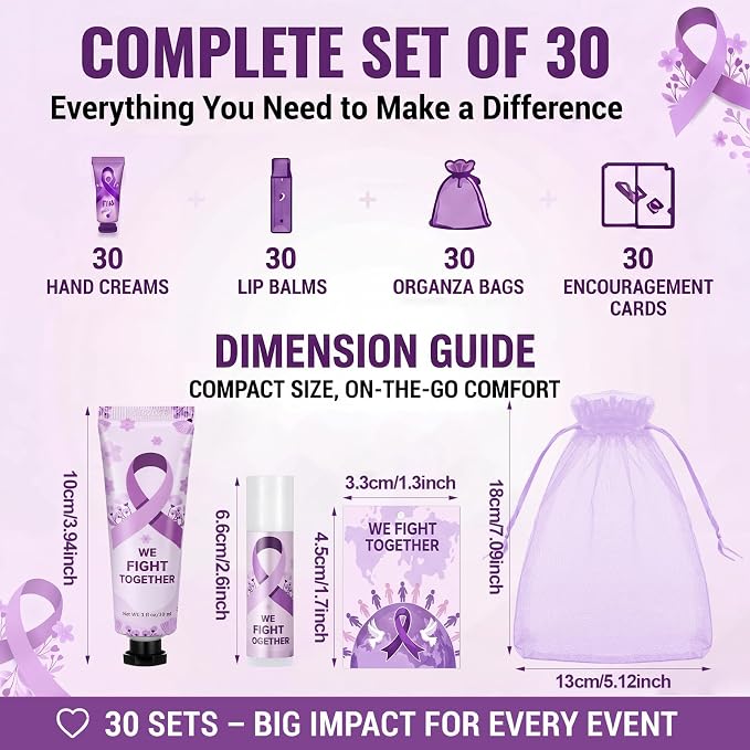 30 Sets Purple Ribbon Awareness Gift Set, Bulk Pancreatic Cancer Hand Cream Lip Balm Set with Organza Bags, Encouragement Cards for Domestic Violence, Lupus, Alzheimer's, Overdose Awareness