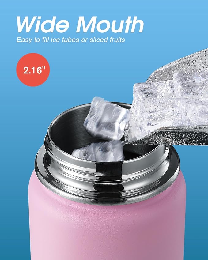 Coolflask Water Bottle 20 oz Insulated with Straw, Stainless Steel Metal 3 Lids Water Flask Wide Mouth for Sports or Office, Non-BPA Keep Cold Up to 48 Hrs or Hot Up to 24 Hrs, Bubblegum Princess