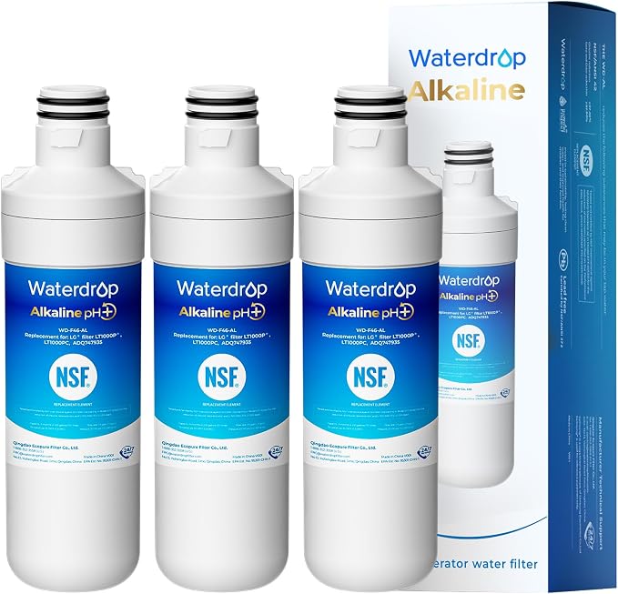 Waterdrop Alkaline LT1000PC ADQ747935 Replacement for LG® LT1000P®/PC/PCS ThinQ® Refrigerator Water Filter, LFXS26973S, LMXS28626S, LMWS27626S, LFXS28596S, LFXS26596S, Enhance PH, 3 Filters