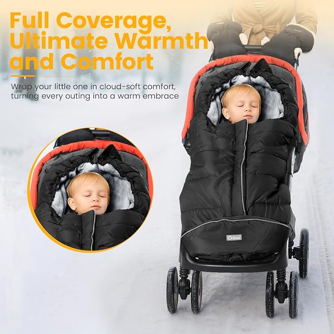 Orzbow Stroller Footmuff Universal - Weather-Proof Bunting Bag for Toddler, Warm Fleece Sleeping Bag for Cold Weather, Easily Attaches to Most Strollers, Baby Boys Girls Winter Essentials, Black