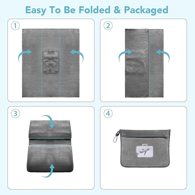 SINLAND Travel Pillow and Blanket 2-in-1 Set,Airplane Packable Bag,Soft and Lightweight Plane Flight Car Trips Travel Essentials Gift,Hand Luggage Sleeve and Backpack Clip,60x52 Inch Grey
