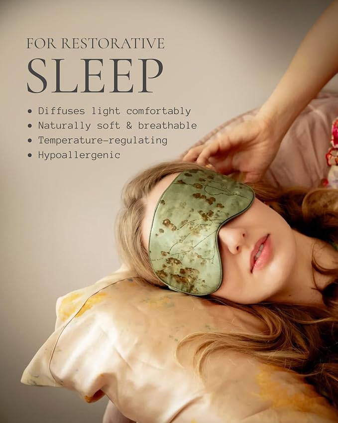 SILK & WILLOW - Botanical Print Pure Mulberry Silk Eye Mask & Scrunchie Gift Set, Luxurious Sleep Eye Mask & Hair Accessory Bundle, Durable Nature-Considerate Wellness Gifts for Women, Coreopsis Sage