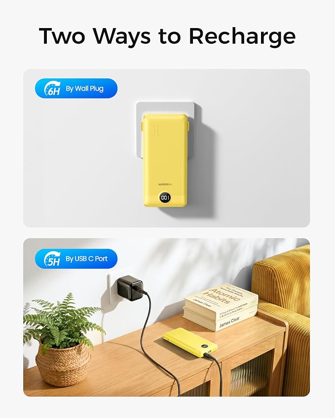 VEGER Portable Charger Power Bank with Built-in AC Plug and Cables, All in One 10000mAh Ultra Slim Travel Essentials, Fast Charging Battery Pack Compatible with iPhone, Samsung, Android, Yellow