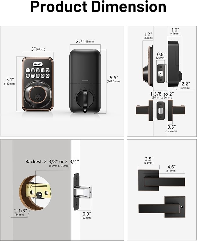 Zowill Keyless Entry Door Lock with 2 Lever Handles, Electronic Keypad Deadbolt, Auto-Locking, Anti-Peeping Password, Digital Code Door Lock, Front Door Handle Sets, OilRubbed Bronze