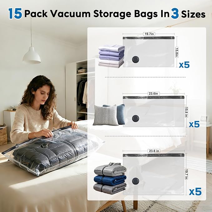 Mapambo Travel Vacuum Bags with -60000Pa LED Electric Pump, 15 Pack Vacuum Seal Bags for Clothing Travel in 3 Combo sizes, Space Saver Vacuum Storage Bags, Saving up to 80% of Space (15 Combo Size)