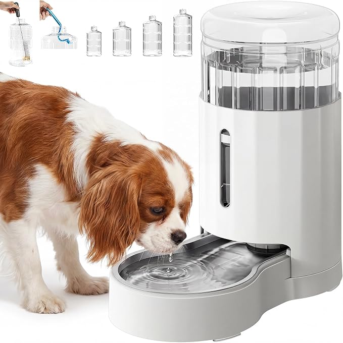 CZPET Dog Water Bowl Dispenser 7L, Wider Mouth & Upgraded Brush for Easy Cleaning Automatic Cat Gravity Refilling Waterer with Removable Stainless Steel Bowl, Large Drinking Area for Multi-Pet (White)