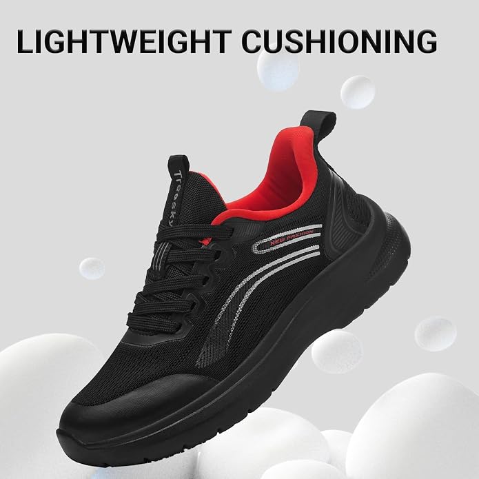 Treesky Black Non Slip Work Shoes for Women, Restaurant & Kitchen Sneakers | Slip resistant soles, lightweight cushioning, breathable knit, removable insole, for nursing, food service & long shifts